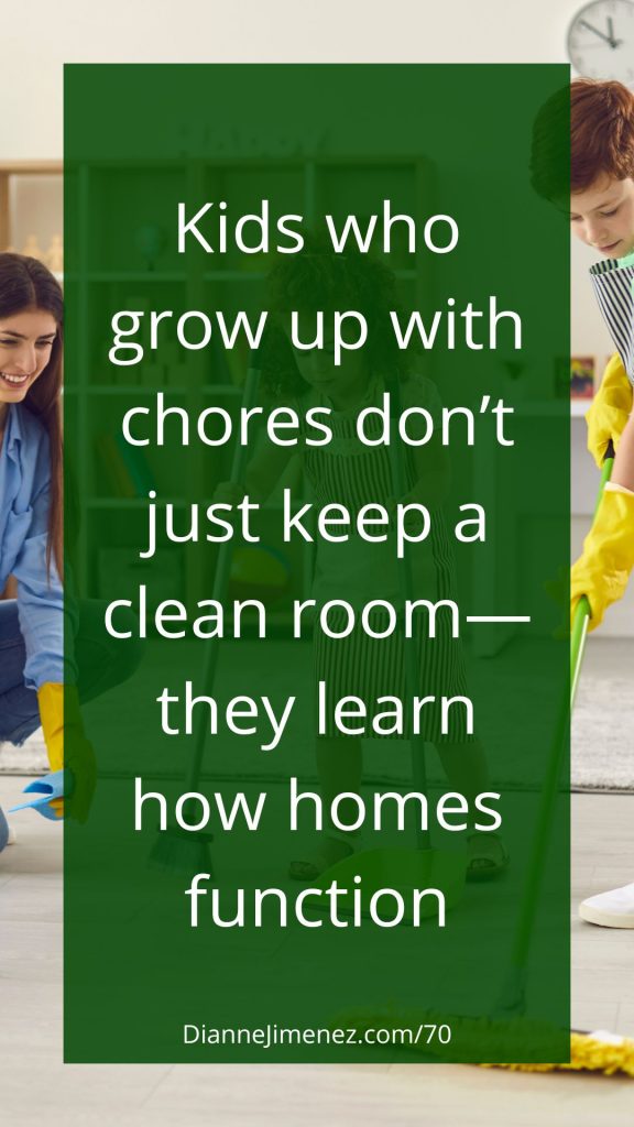 kids mopping in the background while the mom is cleaning the floors. Doing chores together