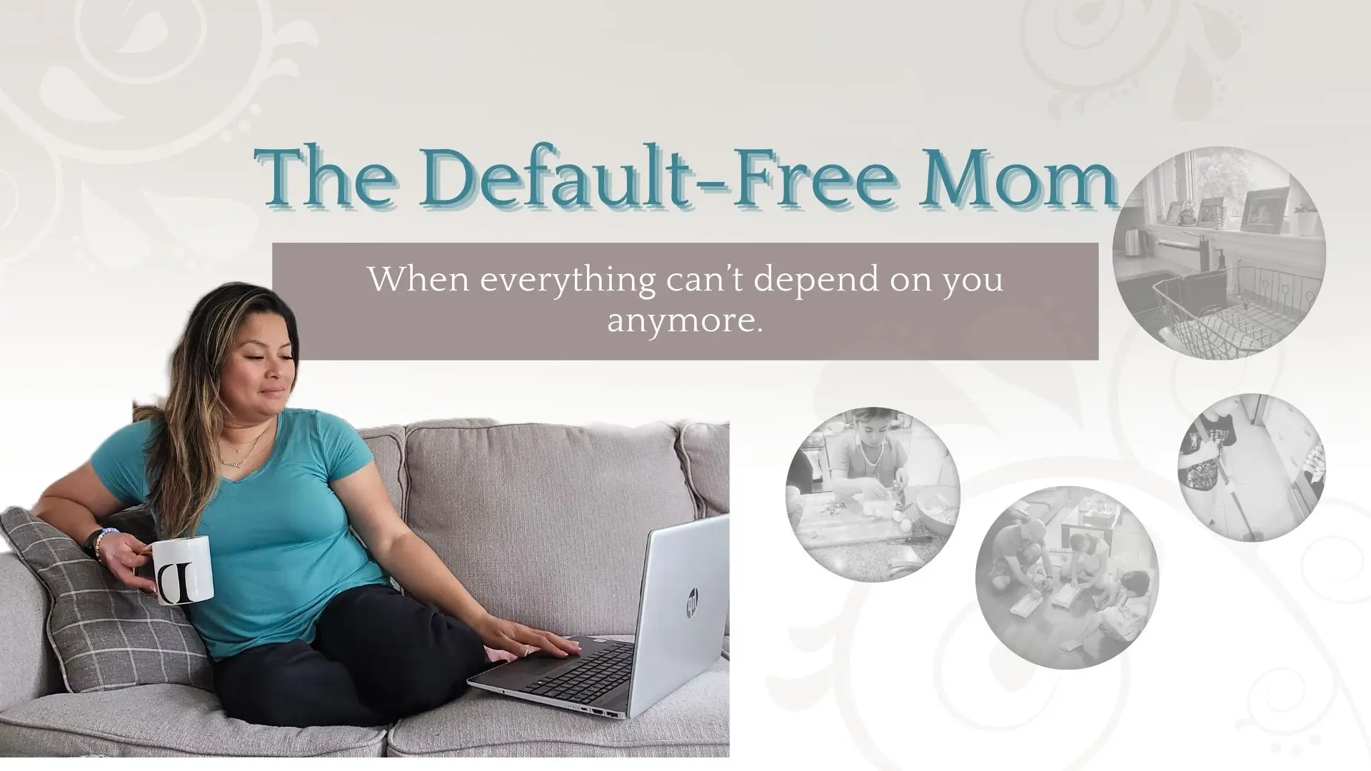 A mom enjoying a coffee and working on her laptop while lounging on the couch to support the title and topic of this group: the Default-Free Mom