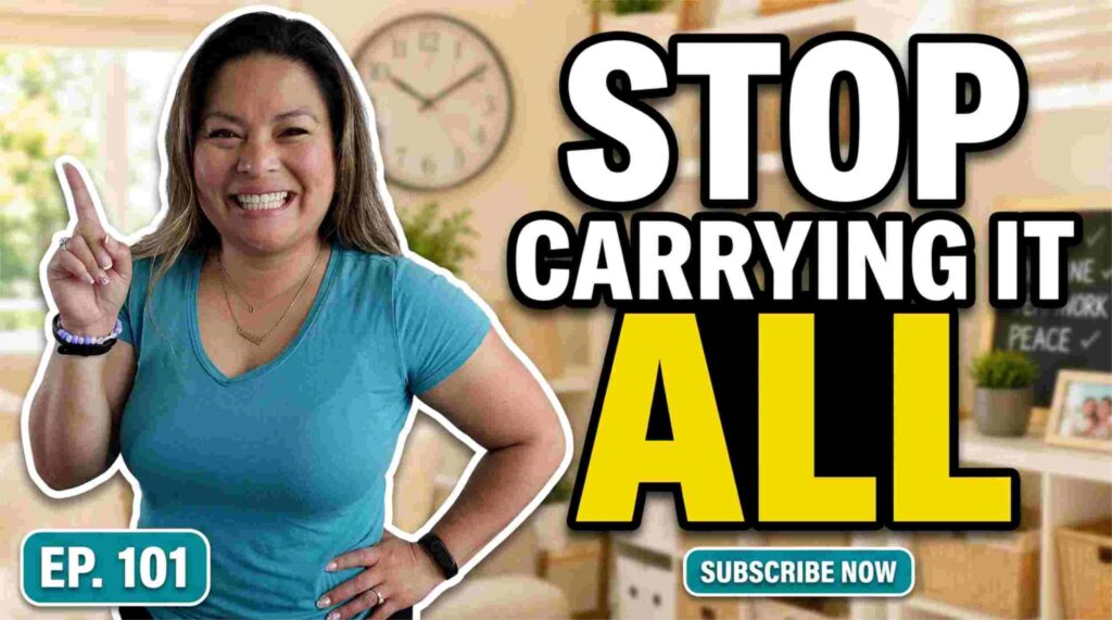 YouTube thumbnail for Organized-ish Parent Podcast Episode 101. Host Dianne Jimenez, a woman with long brown-blonde highlighted hair wearing a teal V-neck shirt, is cut out on the left side of the frame with a white outline, laughing and pointing upward. On the right side, stacked text reads: "STOP CARRYING" in a black rounded box with white bold text, "IT ALL" in large yellow bold letters with black outline, "OVERLOADED" in large white bold letters with black outline, and "FOR MOMS" in a teal rounded box with white bold text. A teal rounded badge in the bottom-left corner reads "EP. 101". The background is a softly blurred cozy interior.